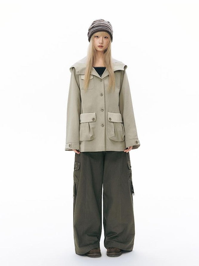 NAPSNAPS Vintage Hooded Patchwork Pocket Straight Women&