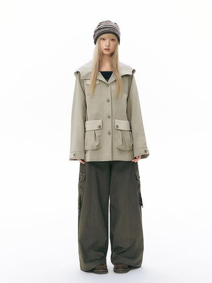 NAPSNAPS Vintage Hooded Patchwork Pocket Straight Women&