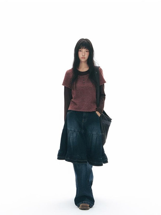 NAPSNAPS Vintage Lace Washed Denim Puff Flared Women&