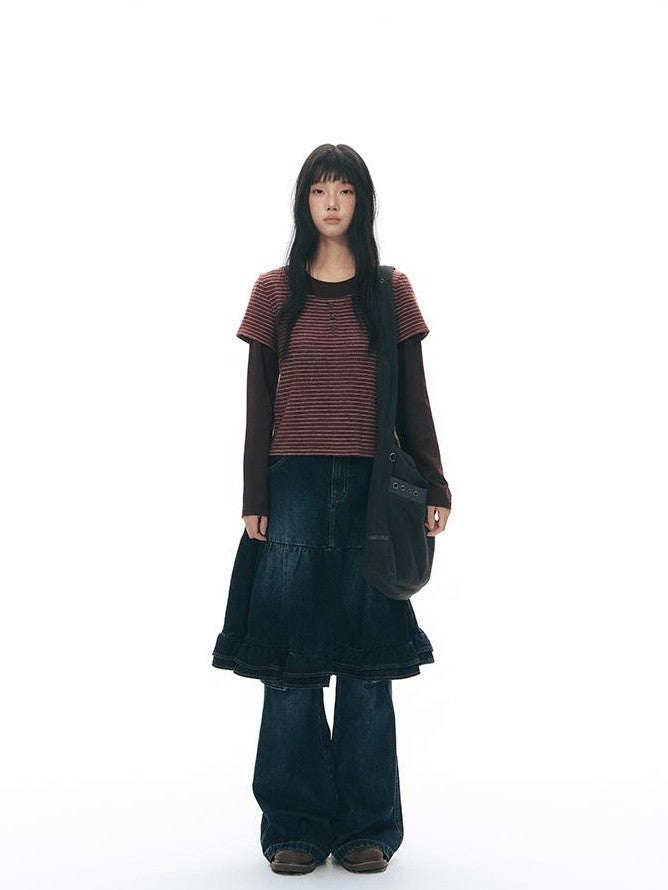 NAPSNAPS Vintage Lace Washed Denim Puff Flared Women&