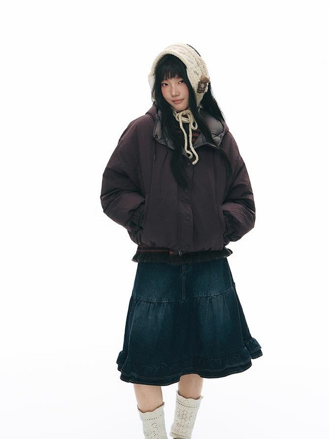 NAPSNAPS Vintage Lace Washed Denim Puff Flared Women&