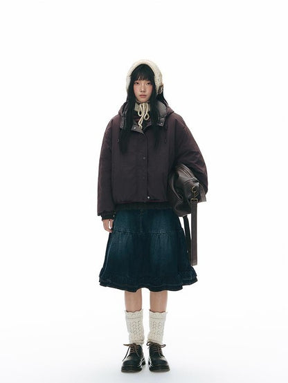 NAPSNAPS Vintage Lace Washed Denim Puff Flared Women&