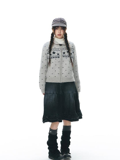 NAPSNAPS Vintage Lace Washed Denim Puff Flared Women&