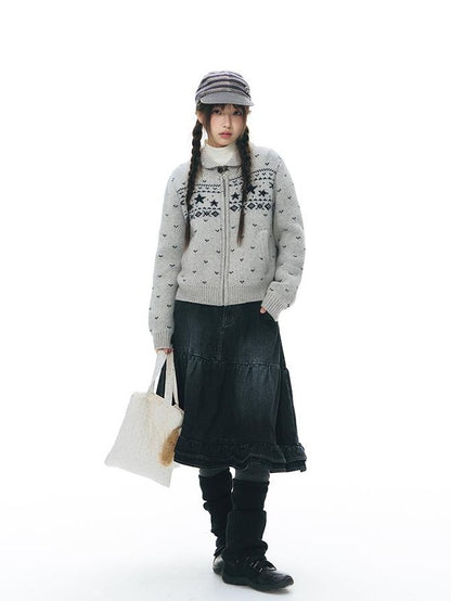 NAPSNAPS Vintage Lace Washed Denim Puff Flared Women&