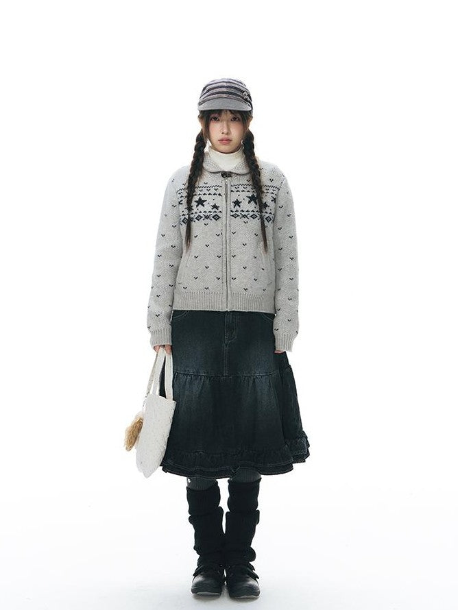 NAPSNAPS Vintage Lace Washed Denim Puff Flared Women&
