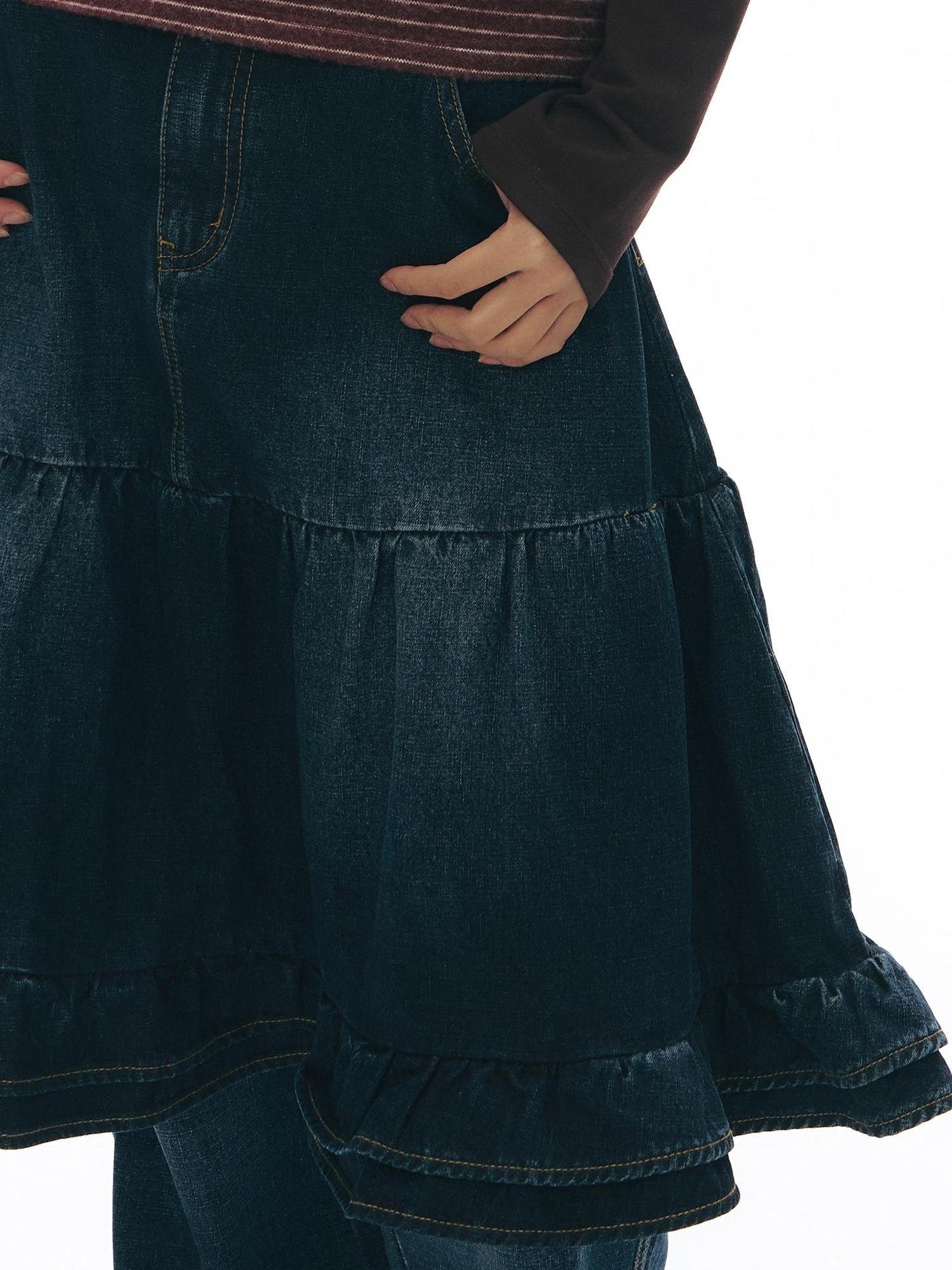 NAPSNAPS Vintage Lace Washed Denim Puff Flared Women&