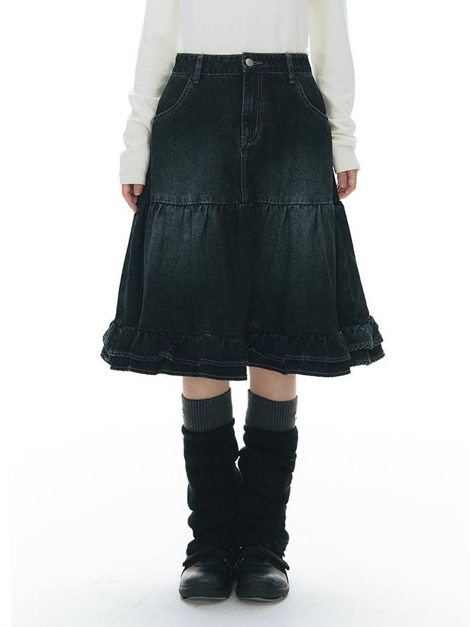 NAPSNAPS Vintage Lace Washed Denim Puff Flared Women&