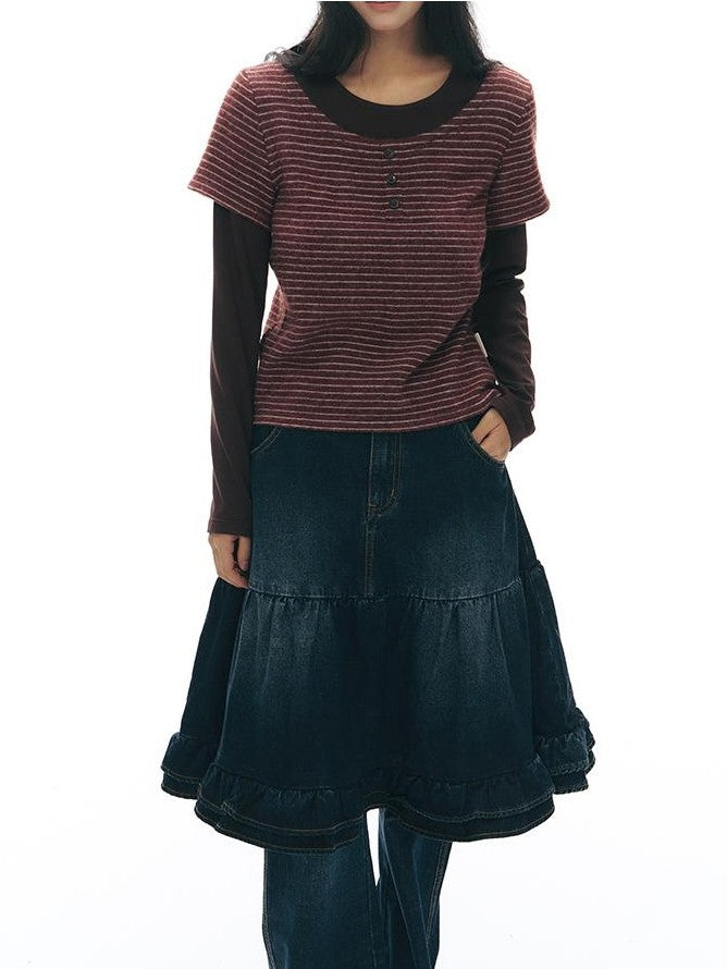 NAPSNAPS Vintage Lace Washed Denim Puff Flared Women&