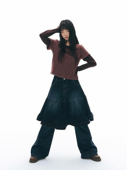 NAPSNAPS Vintage Lace Washed Denim Puff Flared Women&