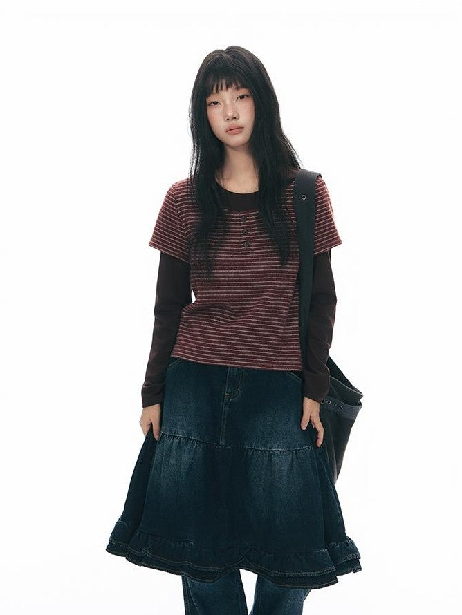 NAPSNAPS Vintage Lace Washed Denim Puff Flared Women&