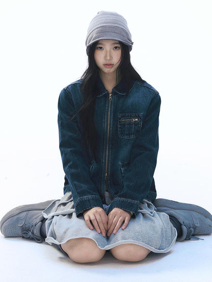 NAPSNAPS Vintage Peter Pan Collar Denim Zip Up Multi Pocket Women&