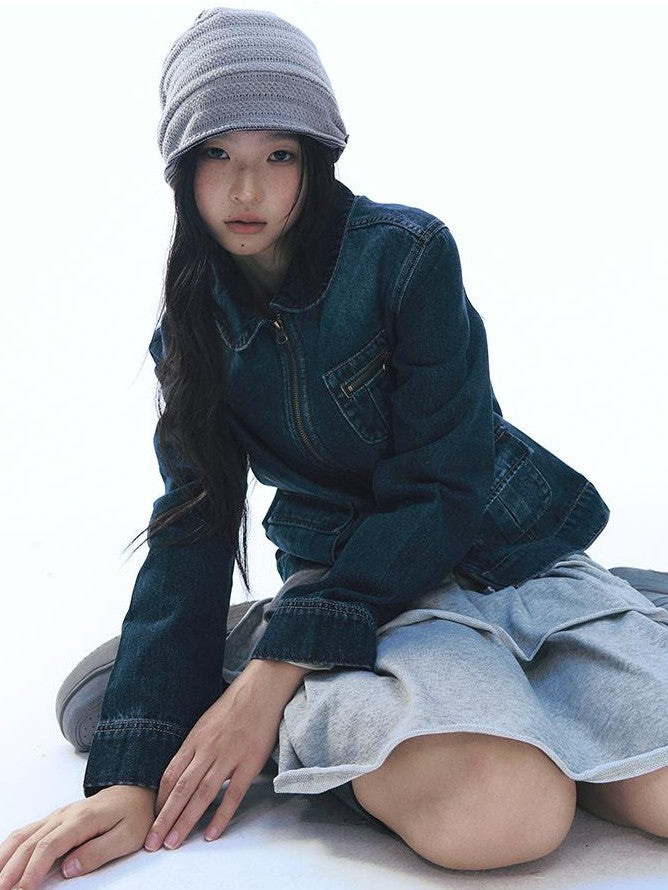 NAPSNAPS Vintage Peter Pan Collar Denim Zip Up Multi Pocket Women&