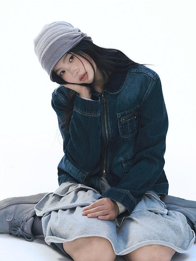 NAPSNAPS Vintage Peter Pan Collar Denim Zip Up Multi Pocket Women&