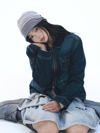 NAPSNAPS Vintage Peter Pan Collar Denim Zip Up Multi Pocket Women&