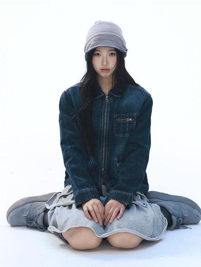 NAPSNAPS Vintage Peter Pan Collar Denim Zip Up Multi Pocket Women&
