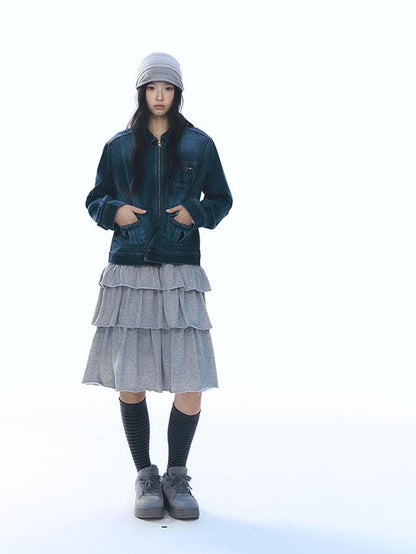 NAPSNAPS Vintage Peter Pan Collar Denim Zip Up Multi Pocket Women&