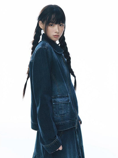 NAPSNAPS Vintage Peter Pan Collar Denim Zip Up Multi Pocket Women&