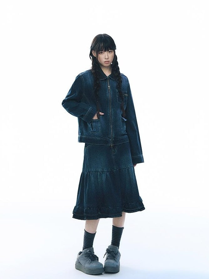 NAPSNAPS Vintage Peter Pan Collar Denim Zip Up Multi Pocket Women&
