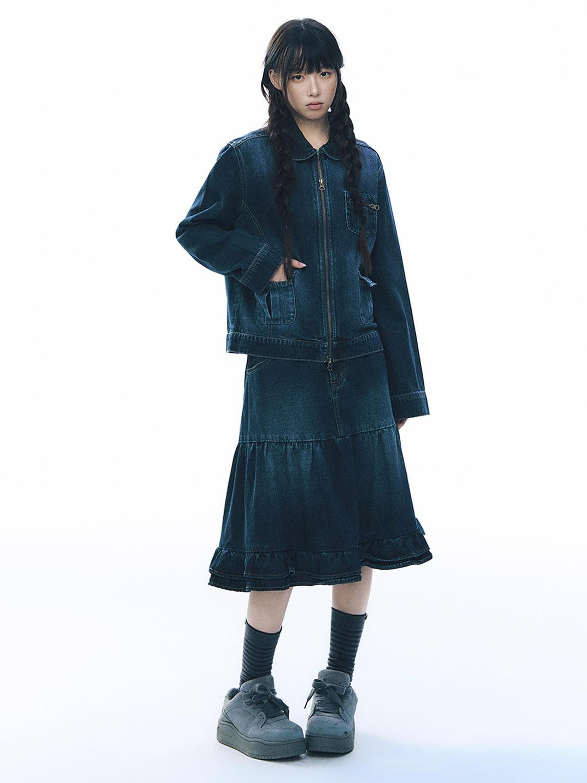 NAPSNAPS Vintage Peter Pan Collar Denim Zip Up Multi Pocket Women&