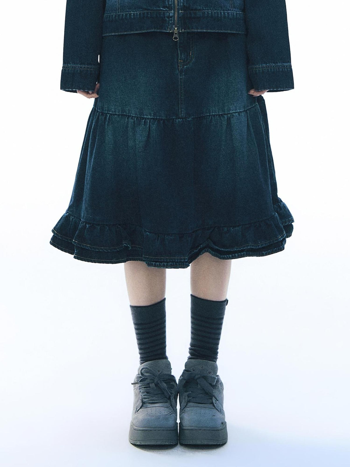 NAPSNAPS Vintage Peter Pan Collar Denim Zip Up Multi Pocket Women&