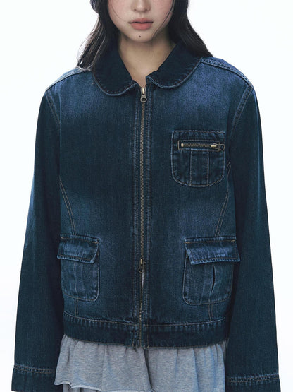 NAPSNAPS Vintage Peter Pan Collar Denim Zip Up Multi Pocket Women&