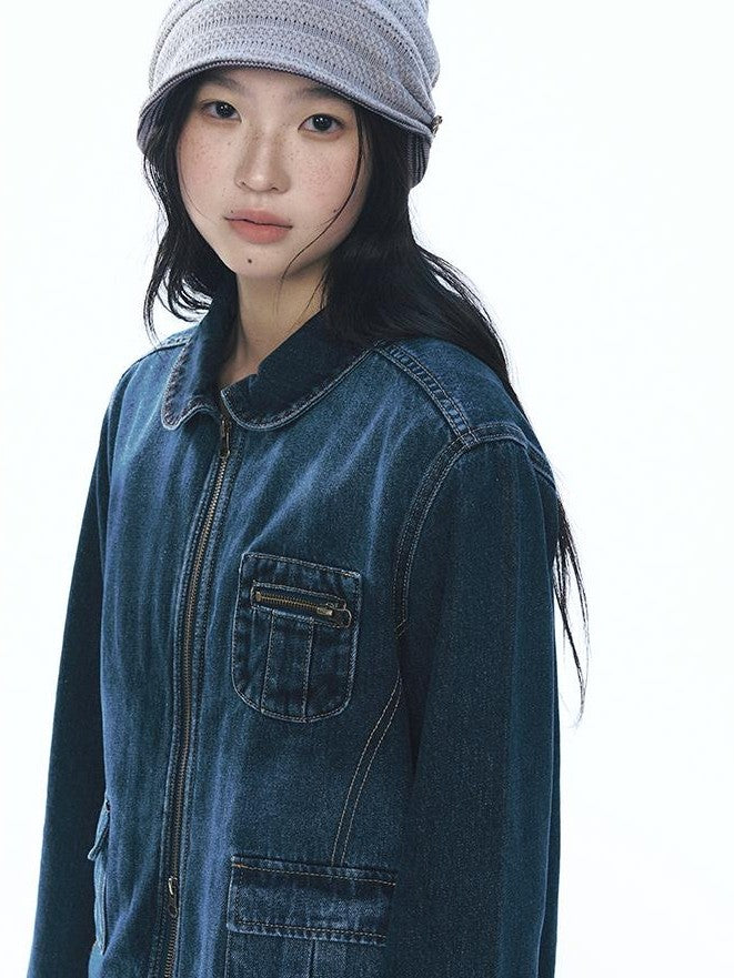 NAPSNAPS Vintage Peter Pan Collar Denim Zip Up Multi Pocket Women&