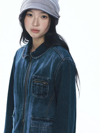 NAPSNAPS Vintage Peter Pan Collar Denim Zip Up Multi Pocket Women&