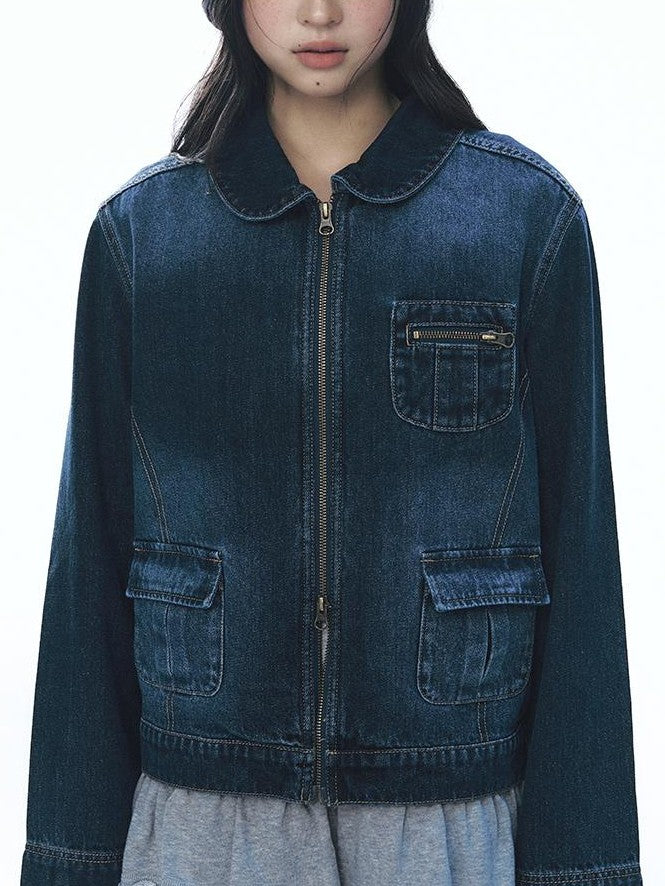 NAPSNAPS Vintage Peter Pan Collar Denim Zip Up Multi Pocket Women&