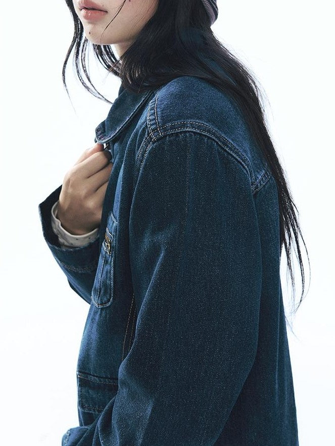 NAPSNAPS Vintage Peter Pan Collar Denim Zip Up Multi Pocket Women&