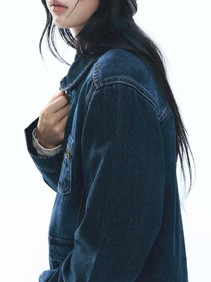 NAPSNAPS Vintage Peter Pan Collar Denim Zip Up Multi Pocket Women&