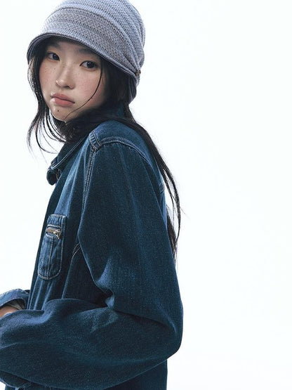 NAPSNAPS Vintage Peter Pan Collar Denim Zip Up Multi Pocket Women&