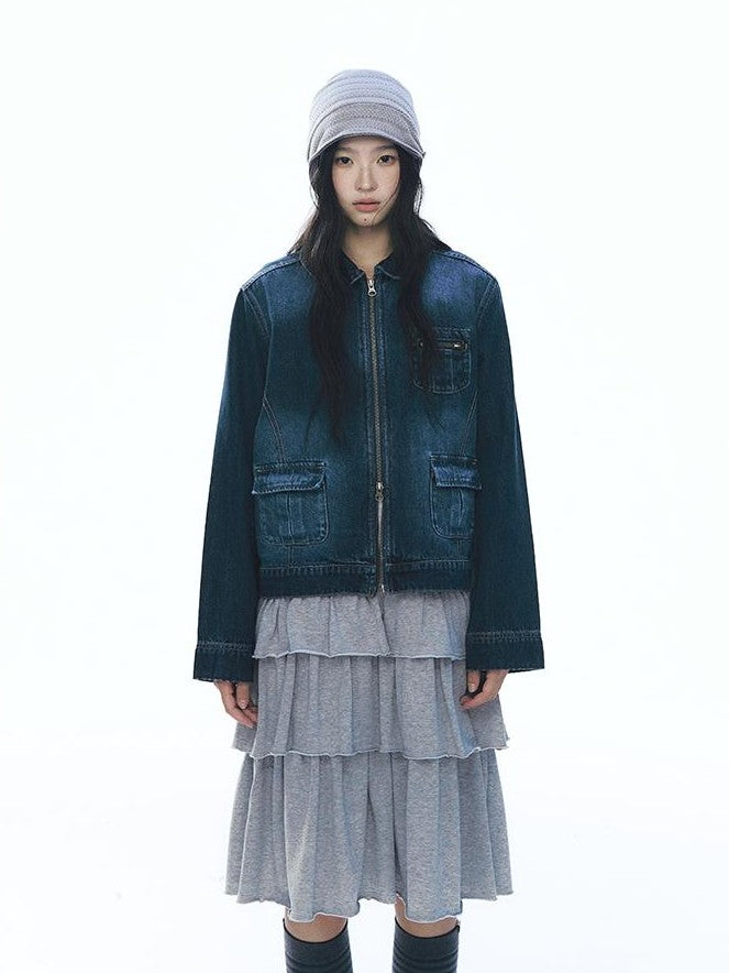 NAPSNAPS Vintage Peter Pan Collar Denim Zip Up Multi Pocket Women&