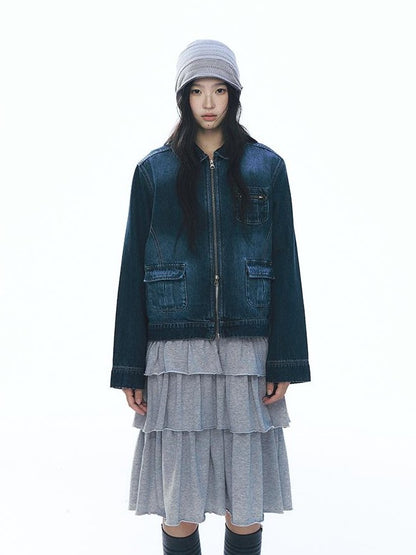 NAPSNAPS Vintage Peter Pan Collar Denim Zip Up Multi Pocket Women&