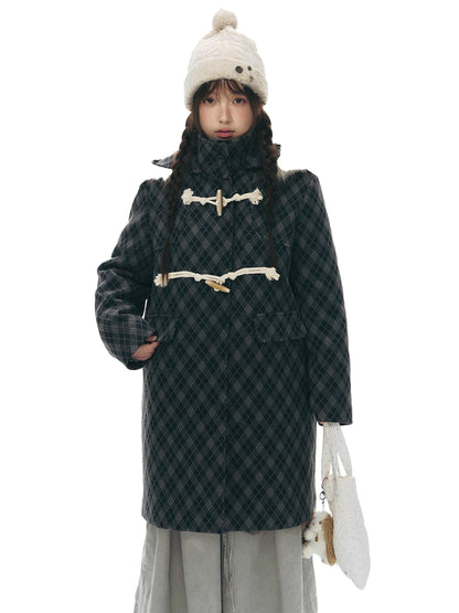 NAPSNAPS Vintage Plaid Detachable Fur Hood Toggle Women&