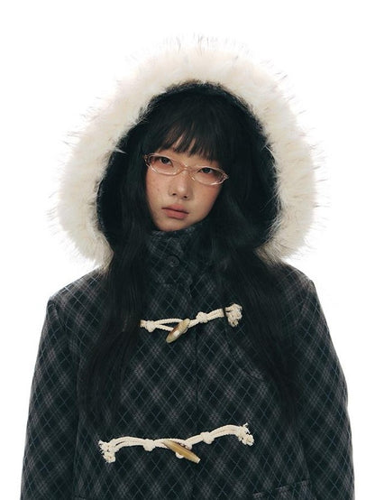 NAPSNAPS Vintage Plaid Detachable Fur Hood Toggle Women&