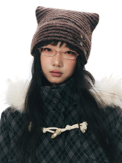 NAPSNAPS Vintage Plaid Detachable Fur Hood Toggle Women&