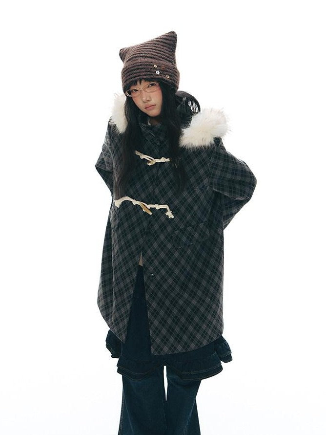 NAPSNAPS Vintage Plaid Detachable Fur Hood Toggle Women&