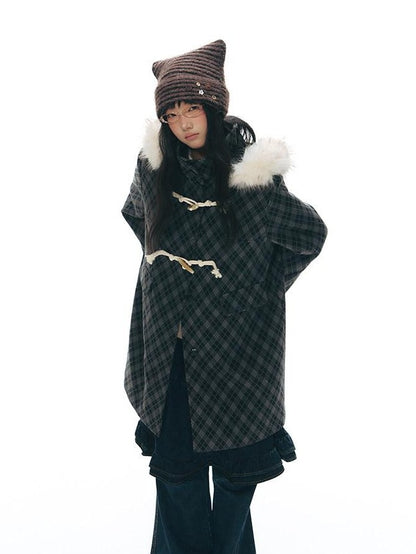 NAPSNAPS Vintage Plaid Detachable Fur Hood Toggle Women&