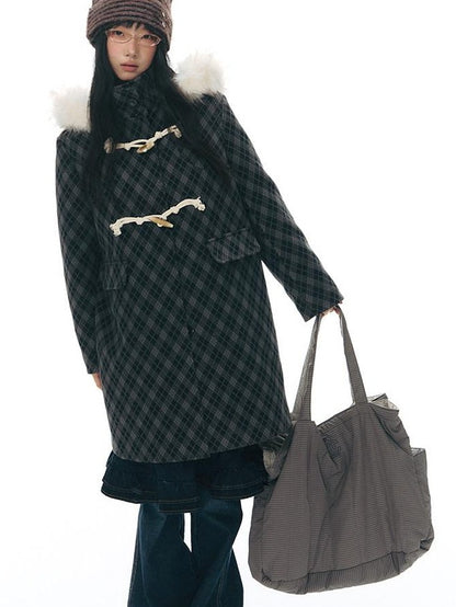 NAPSNAPS Vintage Plaid Detachable Fur Hood Toggle Women&