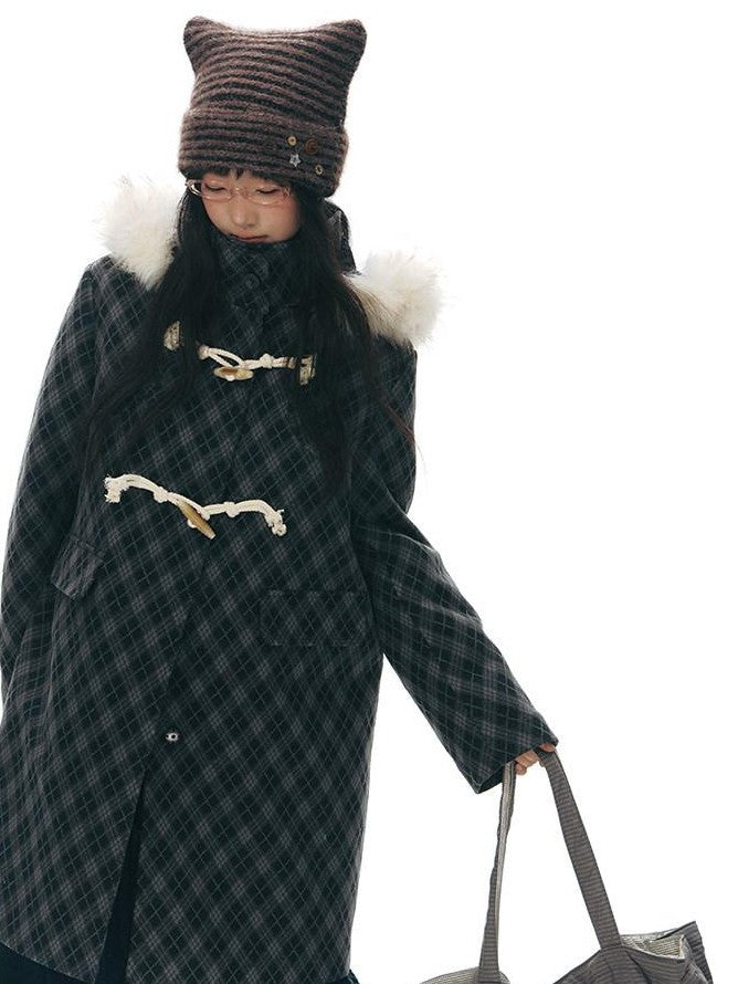 NAPSNAPS Vintage Plaid Detachable Fur Hood Toggle Women&