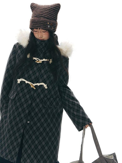 NAPSNAPS Vintage Plaid Detachable Fur Hood Toggle Women&
