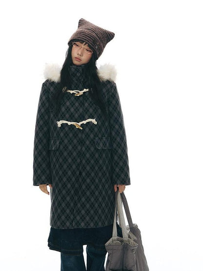 NAPSNAPS Vintage Plaid Detachable Fur Hood Toggle Women&