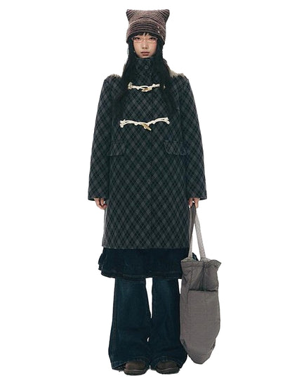 NAPSNAPS Vintage Plaid Detachable Fur Hood Toggle Women&