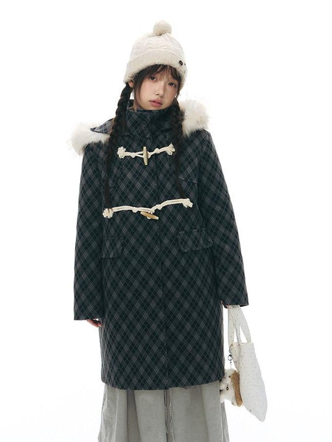 NAPSNAPS Vintage Plaid Detachable Fur Hood Toggle Women&