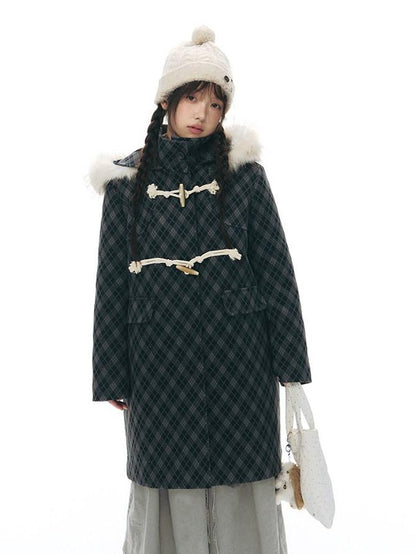 NAPSNAPS Vintage Plaid Detachable Fur Hood Toggle Women&