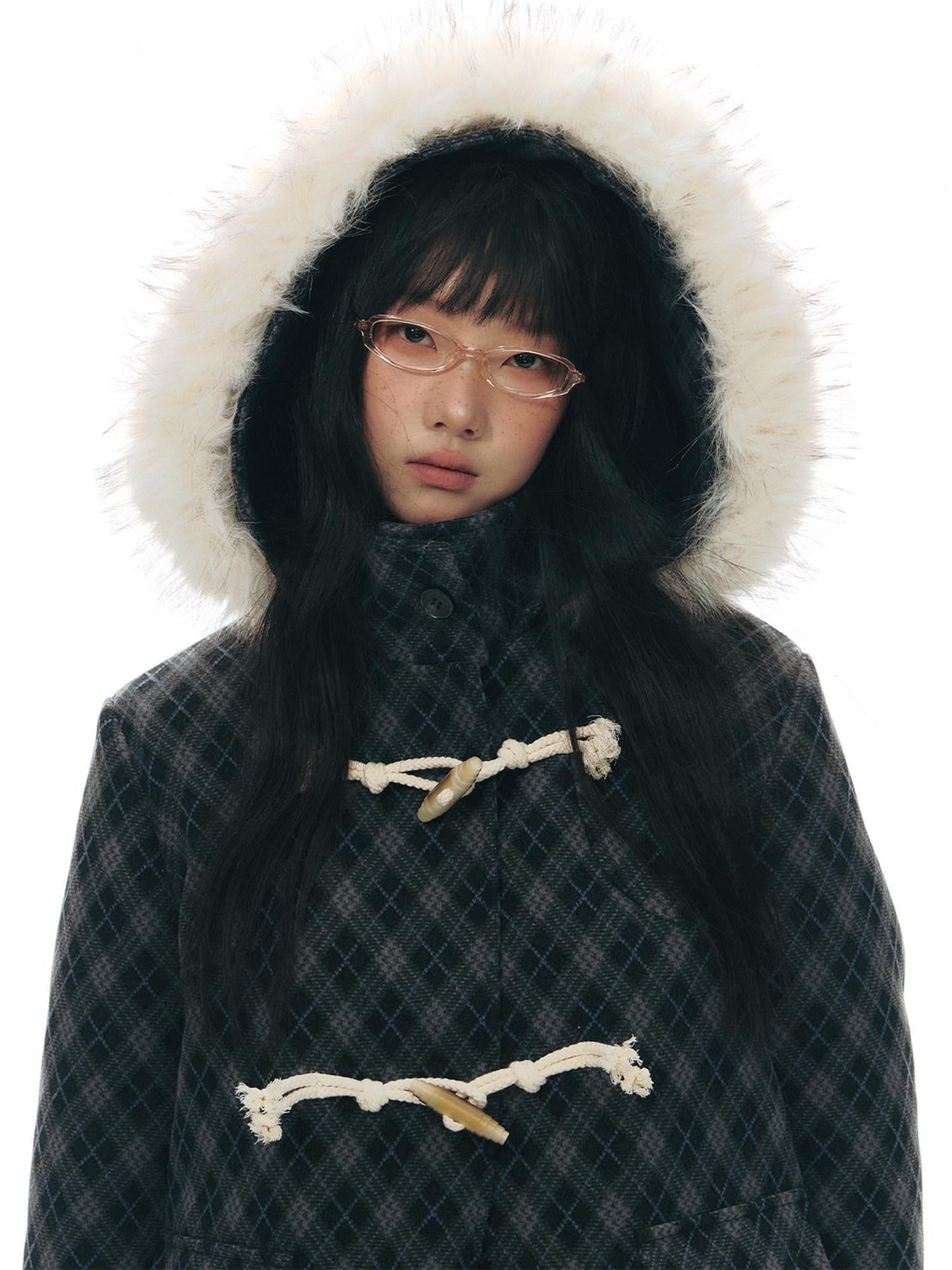 NAPSNAPS Vintage Plaid Detachable Fur Hood Toggle Women&