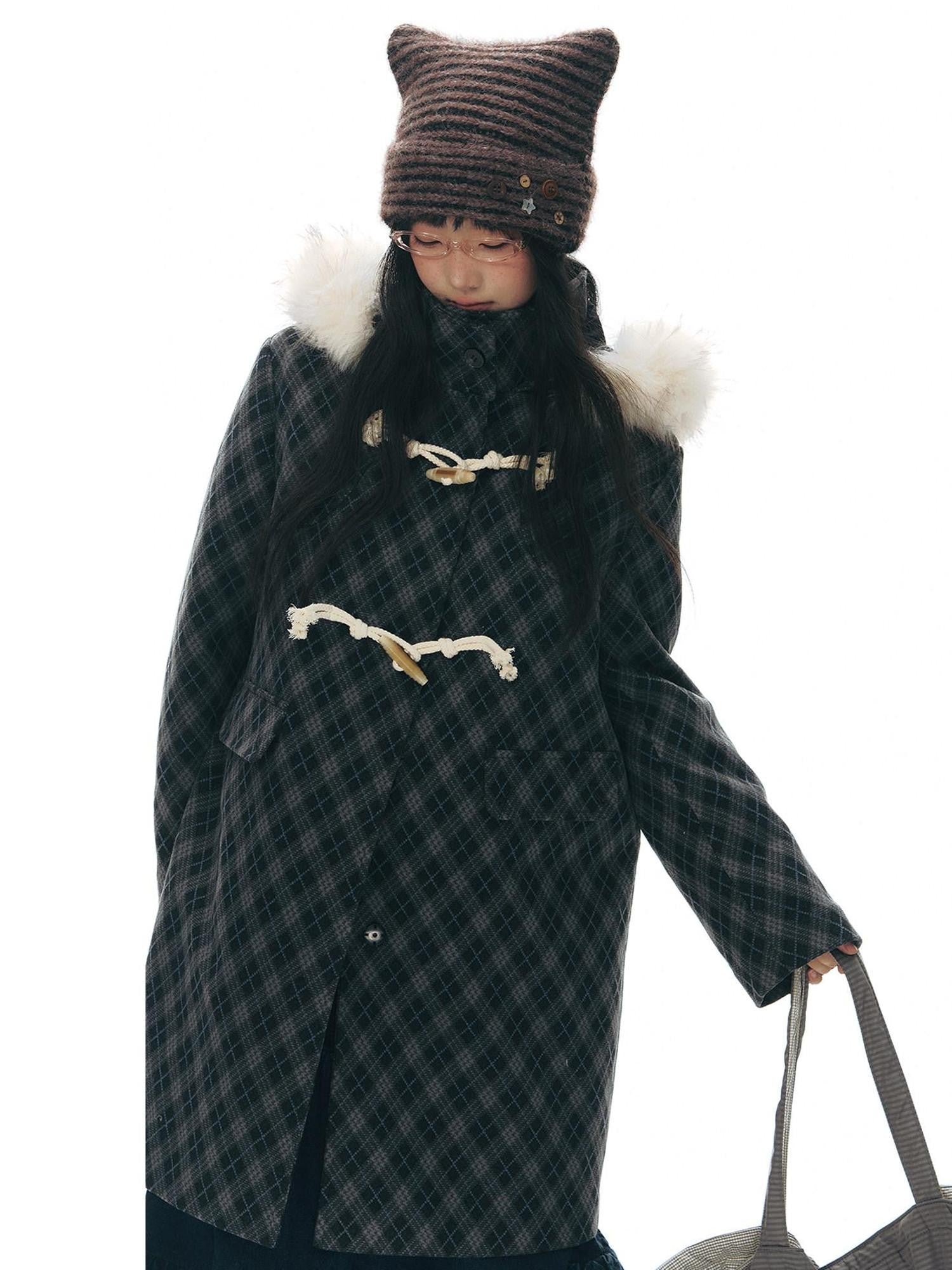 NAPSNAPS Vintage Plaid Detachable Fur Hood Toggle Women&
