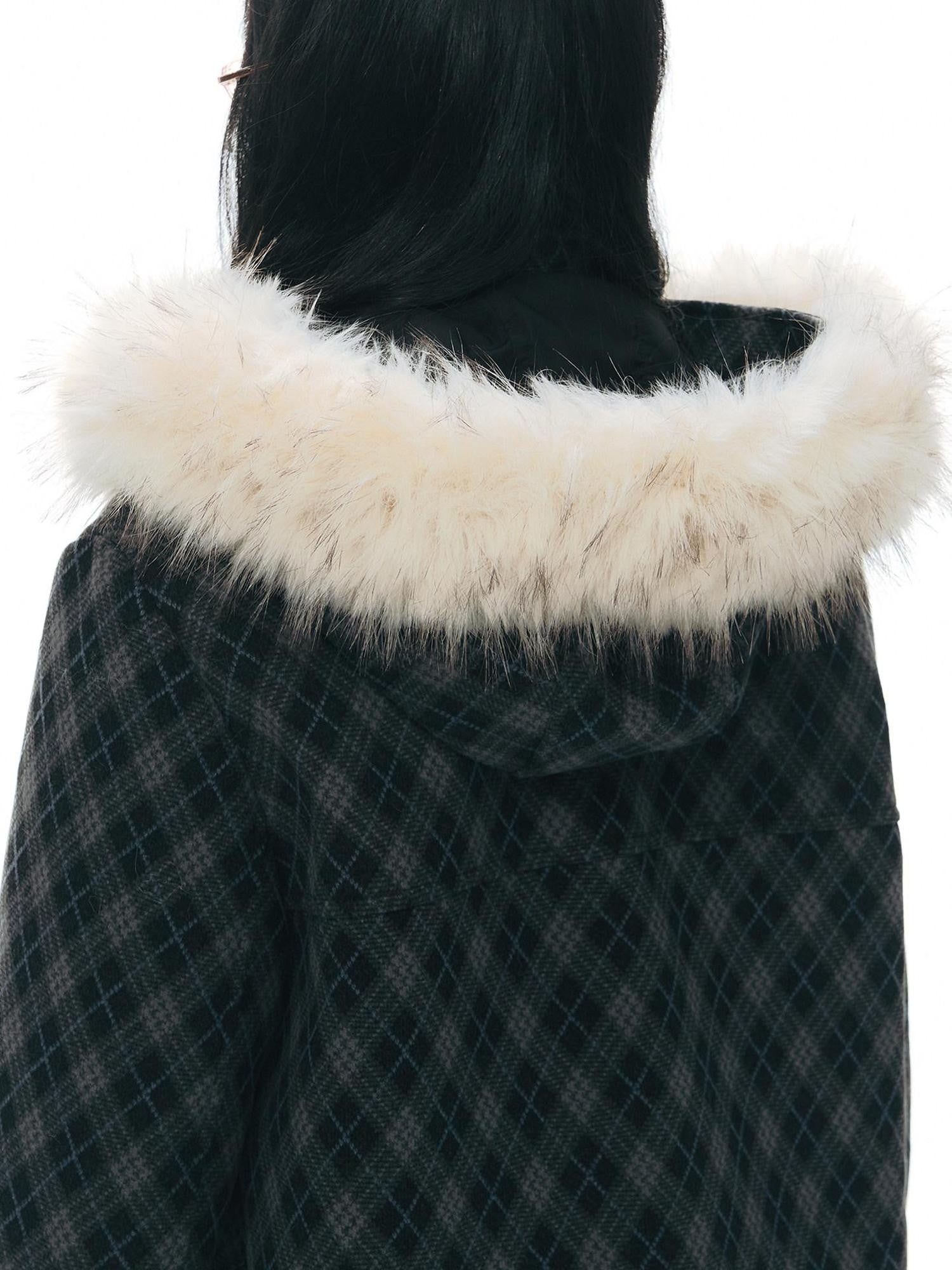 NAPSNAPS Vintage Plaid Detachable Fur Hood Toggle Women&
