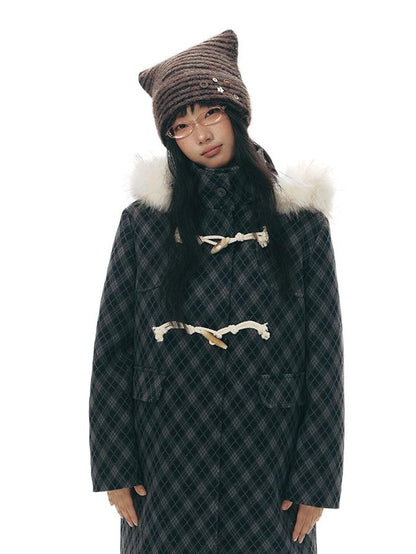 NAPSNAPS Vintage Plaid Detachable Fur Hood Toggle Women&