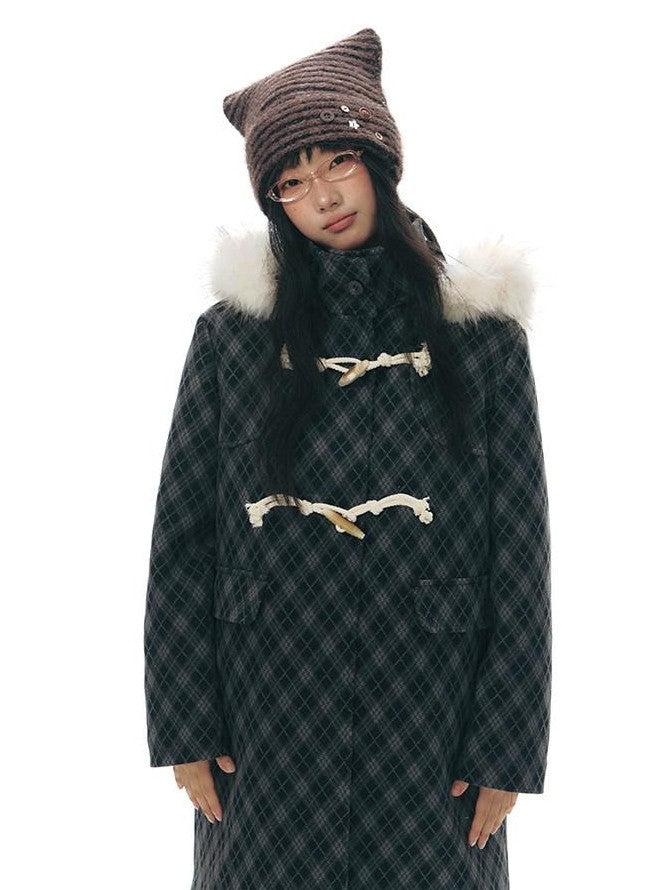 NAPSNAPS Vintage Plaid Detachable Fur Hood Toggle Women&